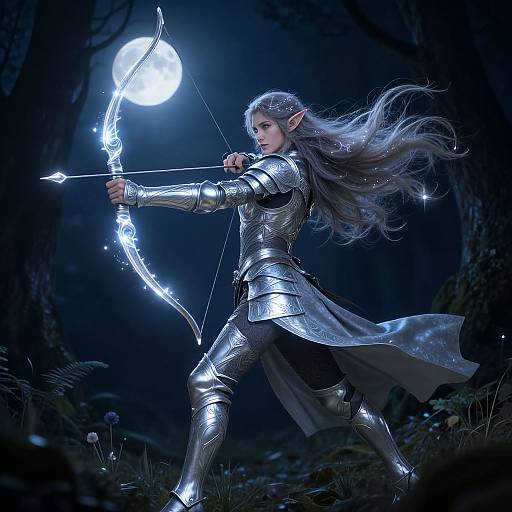 Digital fantasy artwork of an elf archer in glowing silver armor, drawing a luminous bow under a full moon in a dark forest.