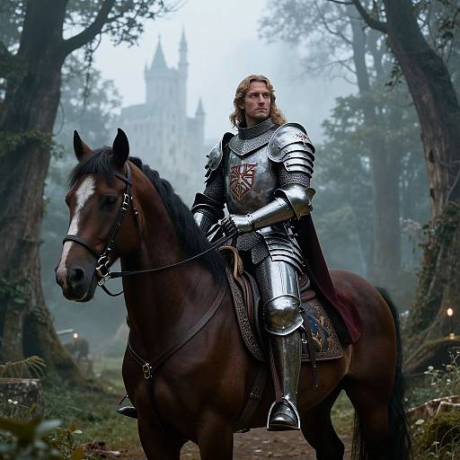 Medieval knight in silver armor with long blonde hair, riding a dark brown horse, in a misty forest with a distant castle. Photograph.
