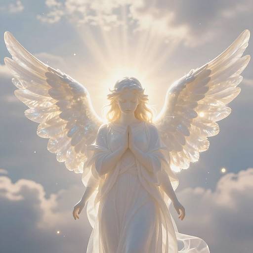 Photograph of a glowing white angel with large, radiant wings, hands in prayer, standing against a bright, cloudy sky.