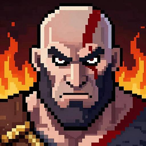 Pixel art of a bald, muscular man with a red scar, angry expression, and intense eyes, against a fiery background.