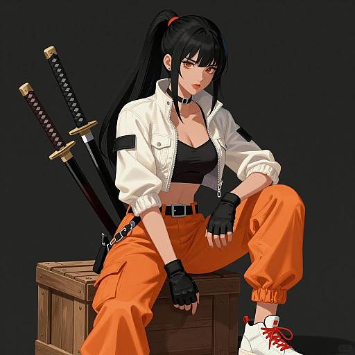 Anime Woman with Katanas and Orange Cargo Pants