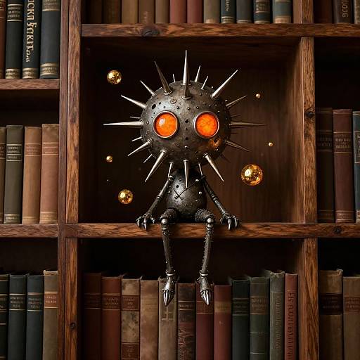 Whimsical Spiked-Head Figure in Library