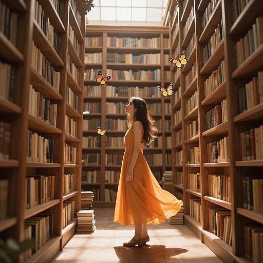 Photograph of a young woman in an orange dress, standing in a sunlit library aisle with wooden shelves and floating butterflies.