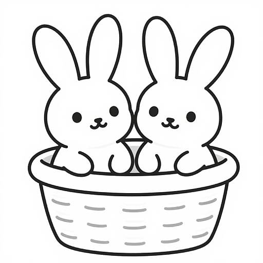 Black-and-white digital line drawing of two cute, cartoon-style bunnies with long ears, smiling faces, and small noses, sitting in a basket