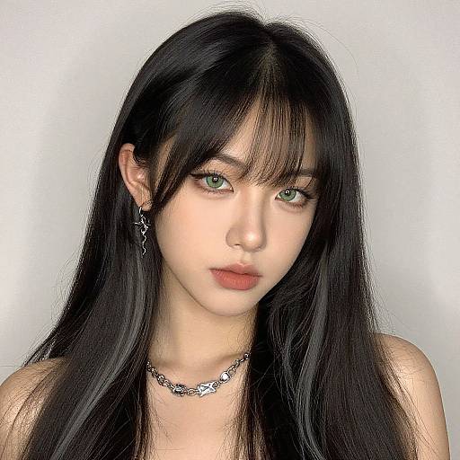 Digital portrait of a young woman with long black hair, green eyes, and pale skin, wearing a star necklace and earrings.