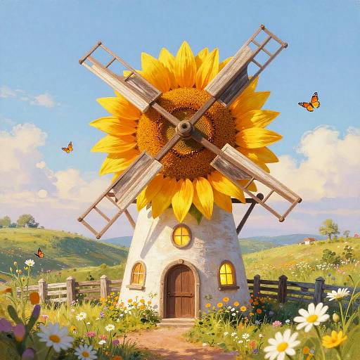 Whimsical digital artwork of a sunflower windmill house in a vibrant countryside, with butterflies and wildflowers under a clear blue sky.