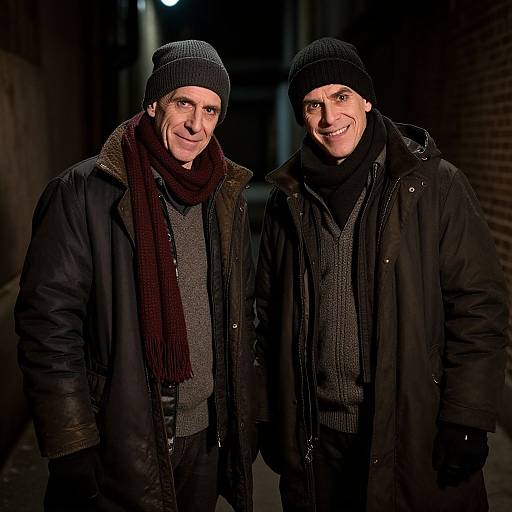 Photograph of two smiling men in winter attire, black knit hats, dark coats, and scarves, standing closely in a dimly lit urban alley