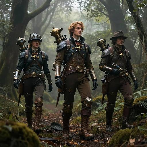 Steampunk Adventurers in Foggy Forest