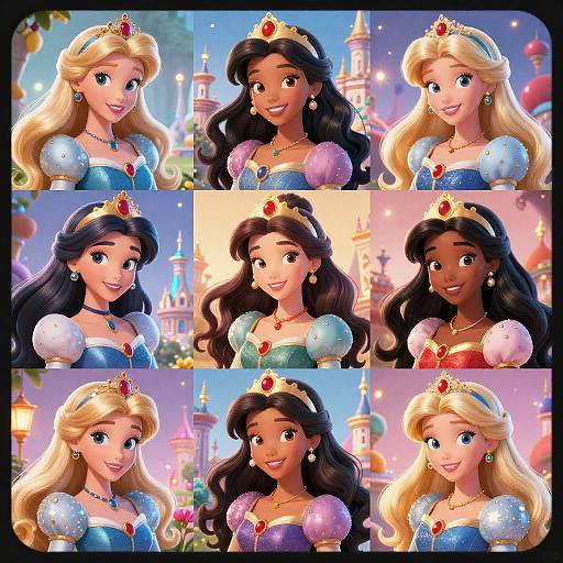 Digital illustration of six Disney Princesses: Snow White, Jasmine, Belle, Aurora, Ariel, and Rapunzel, each with sparkling blue dresses,