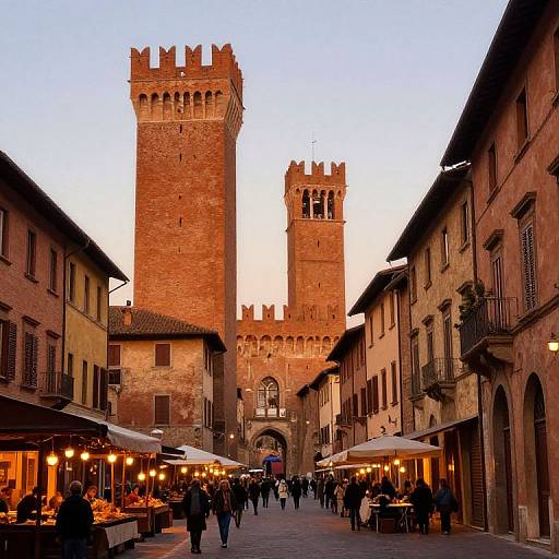 Photograph of a bustling Italian street at dusk, flanked by historic brick buildings, with a tall, crenellated tower in the background,