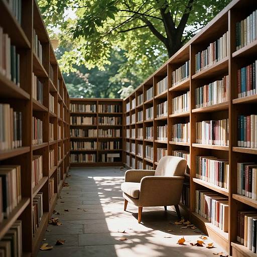 Photograph of a sunlit library aisle with wooden shelves filled with books on both sides, featuring a single beige armchair in the foreground, and a