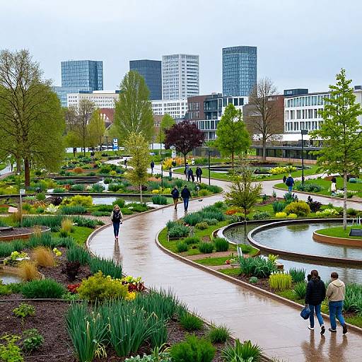 Photograph of a rainy urban park with winding paths, colorful gardens, and people walking; modern skyscrapers in the background.