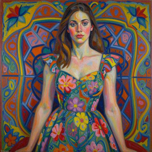 Vibrant, expressionistic painting of a woman with brown hair in a colorful floral dress, set against a psychedelic, geometric background.