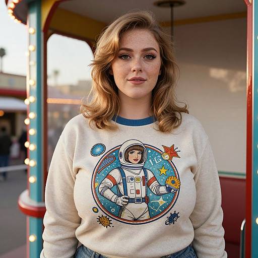 Photograph of a fair-skinned woman with wavy blonde hair, wearing a white astronaut-themed sweatshirt, standing outdoors in front of a brightly lit