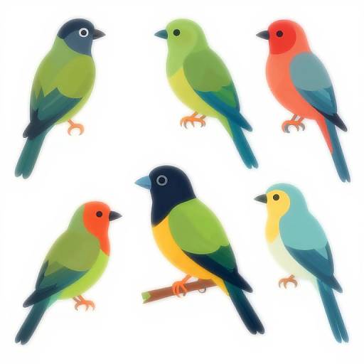 Digital illustration of six colorful birds with varied bright red, green, blue, and yellow plumage, perched on white background.