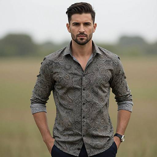 Photograph of a handsome, bearded man with short, dark hair, wearing a patterned gray button-up shirt and dark pants, standing confidently in