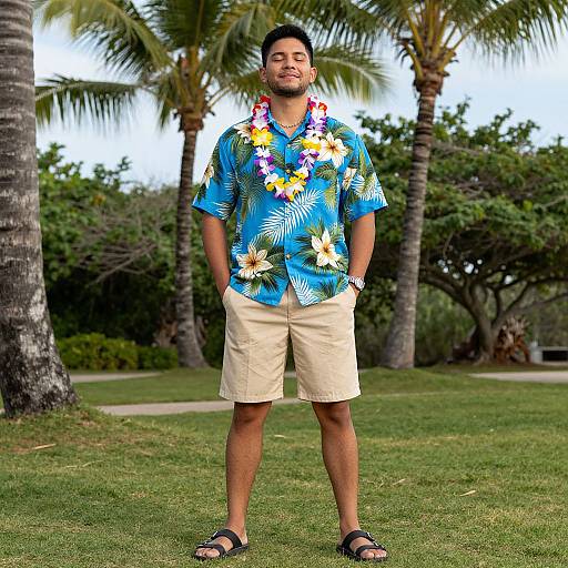 Photograph of a smiling man with short black hair, tan skin, wearing a blue floral shirt, beige shorts, black sandals, and colorful lei,