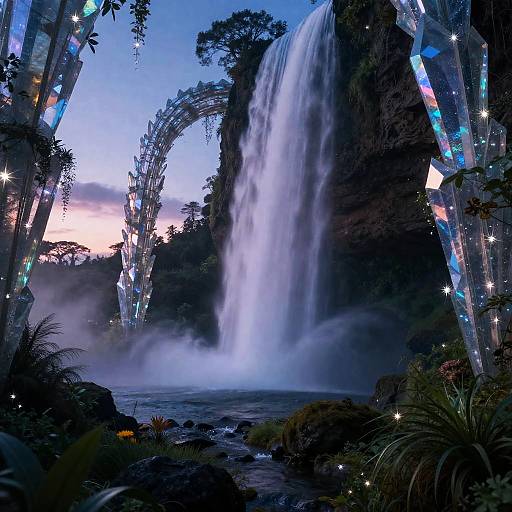 Photograph of a futuristic waterfall scene with illuminated arches, mist, and vibrant night sky, surrounded by lush greenery and glowing lights.