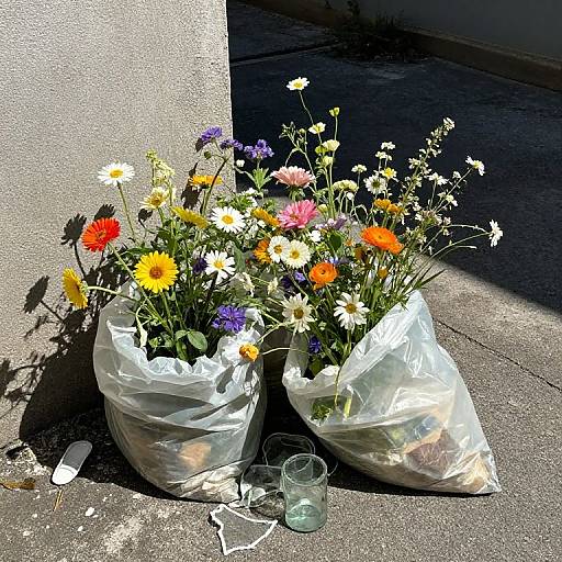 Photograph of two clear plastic bags filled with colorful wildflowers, including daisies, marigolds, and cosmos, placed on a sunlit