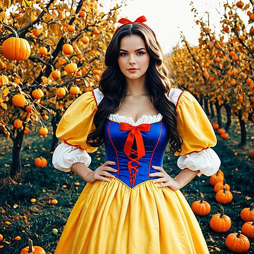 Woman in Snow White Costume in Pumpkin Orchard