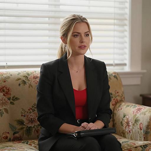 Blonde Woman in Black Blazer Sitting Indoors