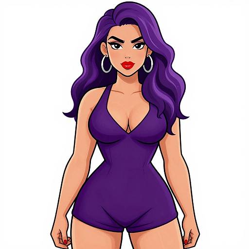 Digital illustration of a curvy woman with long purple hair, red lipstick, hoop earrings, and a tight, deep purple V-neck romper.