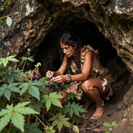Photograph of a Native American woman with long black hair, wearing fur and beadwork, squatting in a rocky cave, picking berries from a bush