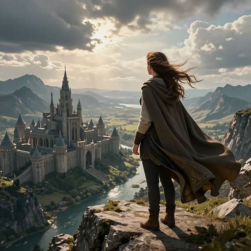 Fantasy artwork: A lone, long-haired adventurer in medieval cloak stands on a rocky cliff, gazing at a majestic, sunlit castle with towering