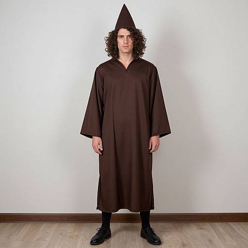 Photograph of a man with curly hair, wearing a black, long robe and pointed hat, standing against a plain white wall.