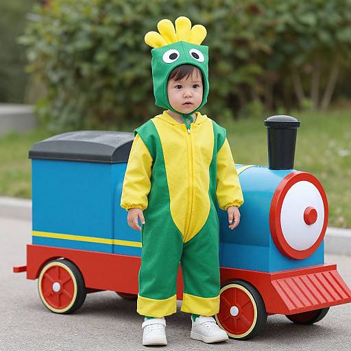 Photograph of a young Asian boy in a green and yellow dinosaur-themed train costume, standing next to a colorful toy train.