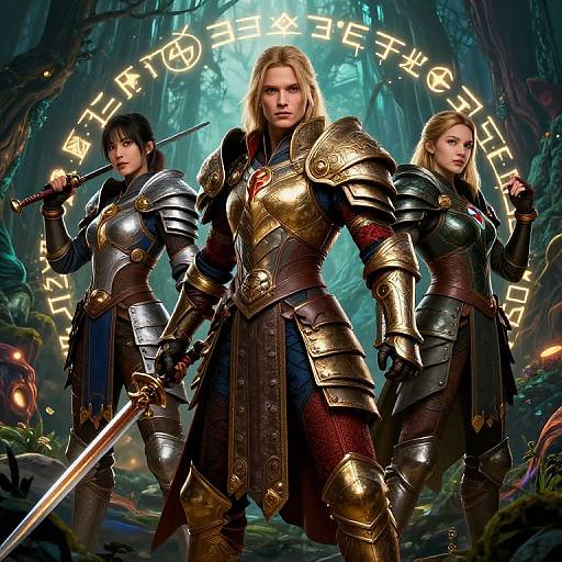 Digital art of three armored warriors in a mystical forest, holding swords, with glowing runes behind them. Blonde central warrior, black-haired left, blonde right