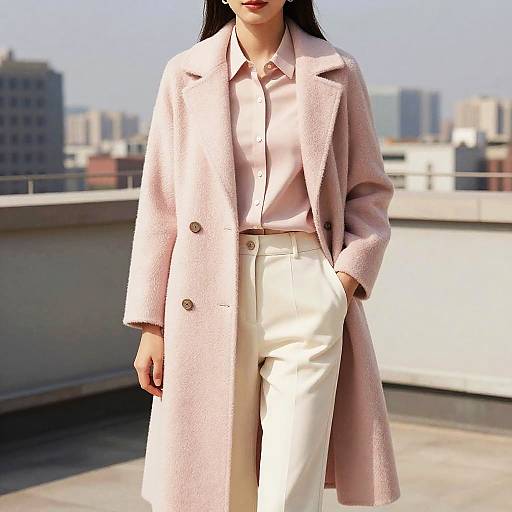 Photograph of an Asian woman with long black hair, wearing a light pink coat, pale pink button-up shirt, and white high-waisted pants