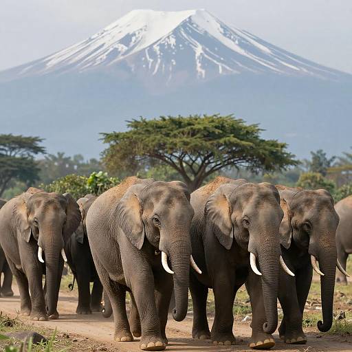 Majestic Elephants Against Snowy Mountain