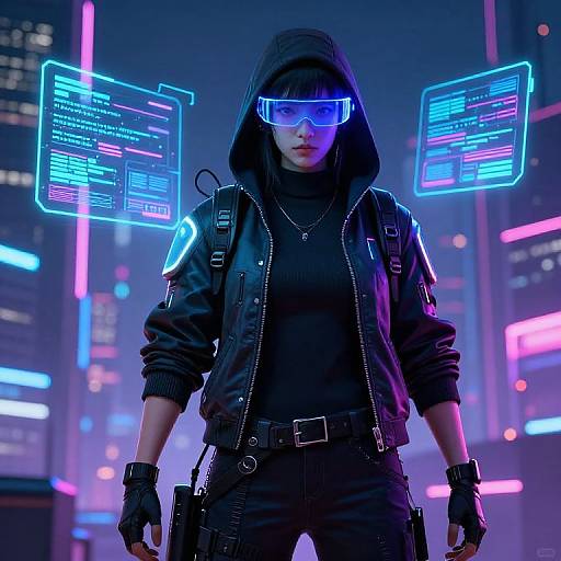 CGI image of a cyberpunk woman with black hoodie, neon visor, and glowing cybernetic interfaces, standing in a neon-lit city