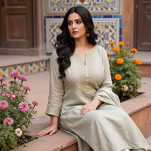 Photograph of a beautiful South Asian woman with long black hair, wearing a cream traditional kameez, sitting on a stone ledge adorned with colorful flowers