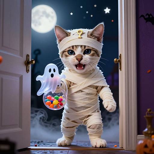 Cute, blue-eyed kitten dressed as a mummy with a ghost puppet holding candy, standing in a moonlit doorway at night. Digital artwork.
