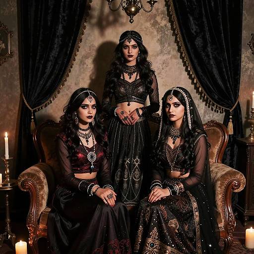 Photograph of three women in black, ornate traditional outfits with jeweled accessories, sitting and standing in a dimly lit, vintage room with candles