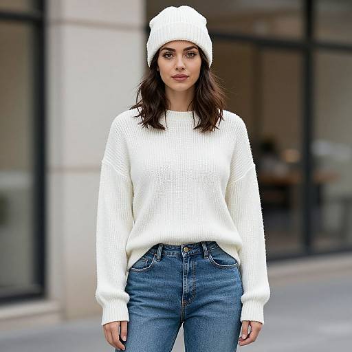 Woman in White Sweater and Denim