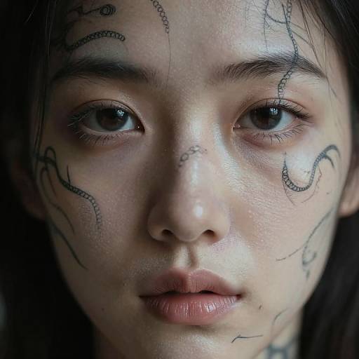 Close-up photograph of an Asian woman with pale skin, dark eyes, and black tribal-like tattoos on her face, lips slightly parted, looking directly at