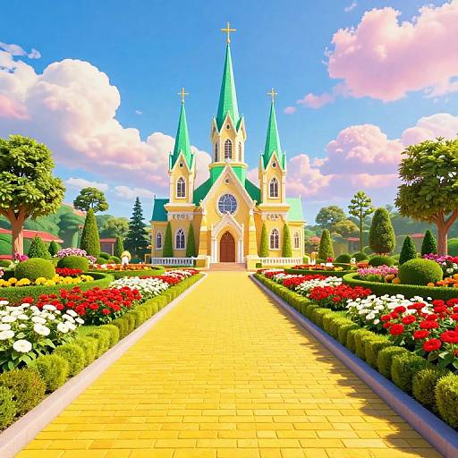 Bright, colorful digital illustration of a fairy-tale castle with green spires, surrounded by vibrant flower beds and a golden pathway under a blue, cloudy