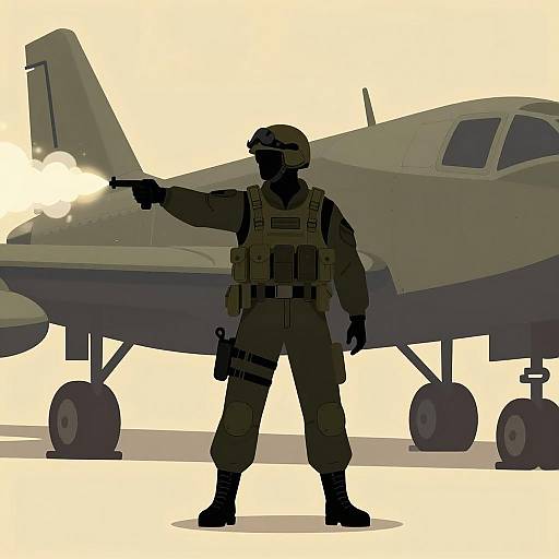 Soldier in Dark Gear with Shadowy Aircraft