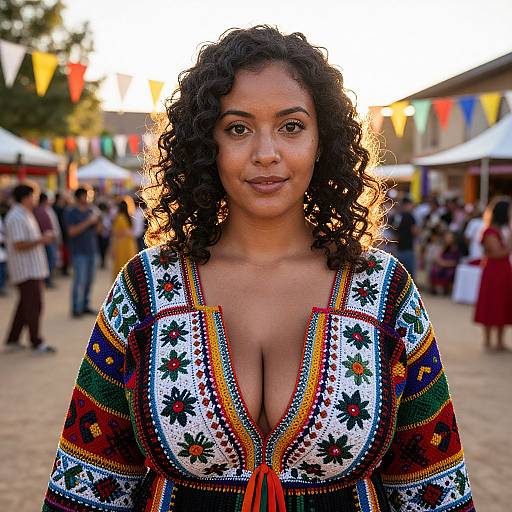 Photograph of a curvy Black woman with curly hair, wearing a colorful, patterned, low-cut dress, standing in a bustling outdoor market with