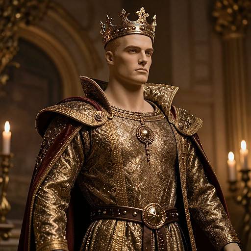 Photorealistic CGI of a stern, fair-skinned king wearing a golden crown, intricate armor, and cape, standing in a dimly lit,
