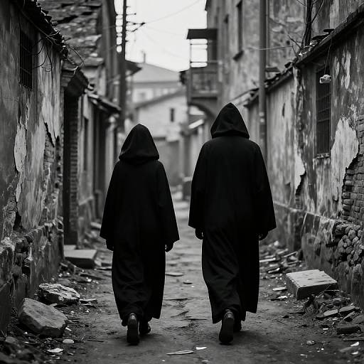 Black-and-white photograph of two hooded figures walking down a narrow, grimy alley with worn buildings and debris scattered on the ground.