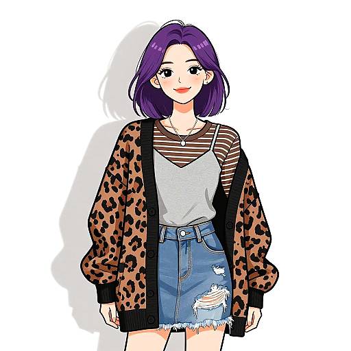 Digital anime-style drawing of a smiling young woman with purple hair, wearing a leopard print cardigan, striped shirt, and distressed denim skirt.