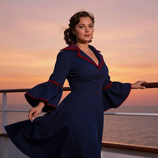 Photograph of a young woman with curly brown hair, wearing a navy blue dress with red trim, standing on a balcony at sunset, ocean in the