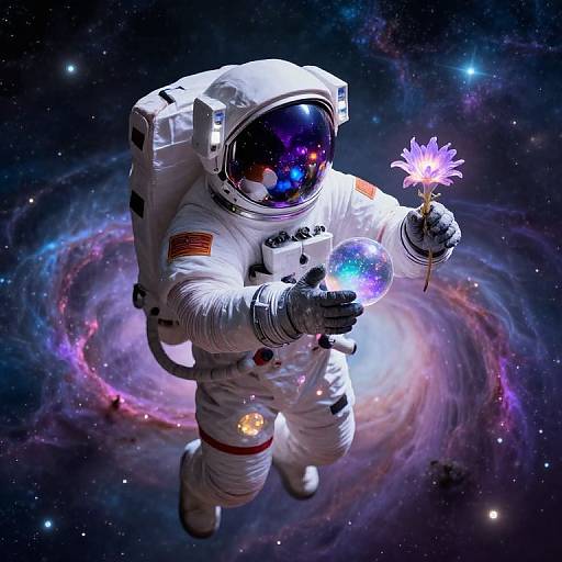 Digital art: Astronaut floating in space, holding glowing flower and orb, surrounded by colorful galaxy. Wearing white spacesuit with American flag patch,