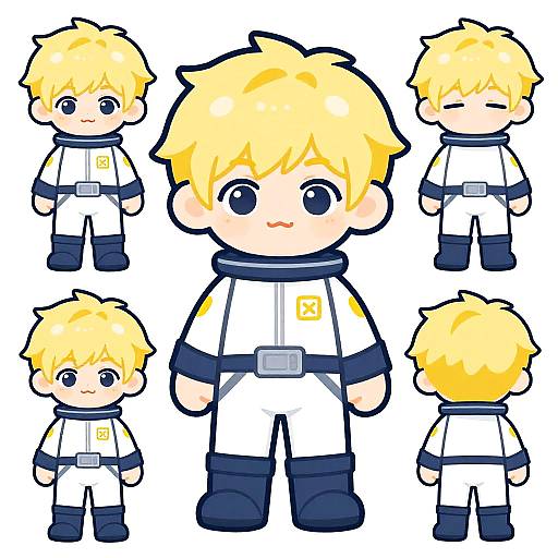 Digital drawing of a cute, chibi-style blonde boy in a white and blue martial arts uniform with multiple front, side, and back views.