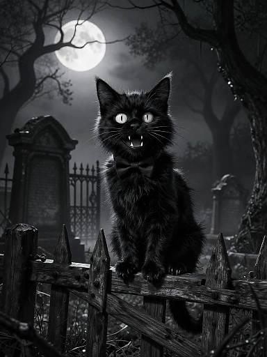 Digital artwork of a glowing-eyed black cat sitting on a wooden fence at night, with a full moon, gravestones, and eerie trees in the