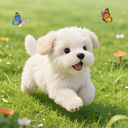 Cute, fluffy white puppy with black eyes and open mouth, joyfully running in bright green grass, surrounded by colorful butterflies and small flowers. Digital